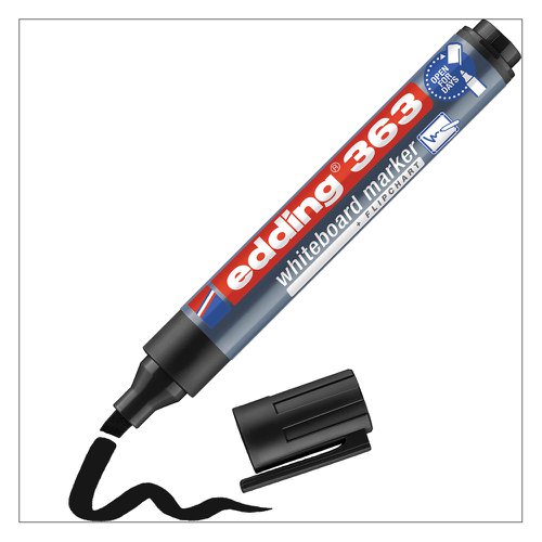 The edding 363 whiteboard marker is a true all-rounder. Great in the office for quick task planning or for written brainstorming sessions. In schools, the marker pen helps teachers make content visual. Also handy at home for leaving quick messages. This whiteboard marker is always ready for action. The low-odour pigment ink is free from butyl acetate and can be dry wiped from almost any non-porous surface, such as enamel or melamine. The colours black, red, blue and green can be refilled using the edding BTK 25 refill ink. Replacement nibs are available. The cap can be stored on the end of the barrel. The practical clip stops it rolling away and can be attached to clothing or other items. Store horizontally. High-quality brand product. Made in Germany.