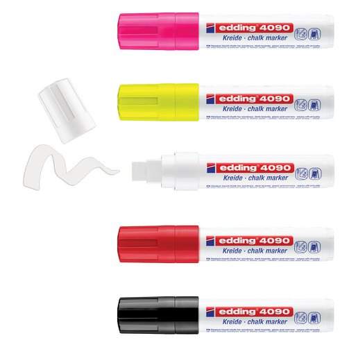 75643ED | A marker-shaped pen filled with liquid ink is much easier to handle than a traditional piece of chalk - and no more messy hands. With edding chalk markers, creating professional, stylish lettering is really easy. There are 10 vivid colours to choose from, including 4 that glow under UV light: white, neon-yellow, neon-orange and neon-pink. The broad chisel nib works well for writing and artwork on larger areas. edding chalk markers are popular for signage in restaurants, the retail sector and car dealerships - in fact, anywhere where precise designs are required. Within the home, windows and other surfaces can be decorated all year round and for any occasion. Drawing can be either freehand or with the aid of a template: attach the template to the back of the window, pick a colour, then trace over the motifs. The edding website offers a wide range of downloadable templates. Before using for the first time, the marker must be activated as follows: First, shake the marker vigorously with the cap still on, then remove the cap. With the nib facing down, prime the pen on a piece of test paper, carefully pressing down on the paper a few times until ink fills the tip. The marker is now ready for use. Don't overpump the nib as this can result in ink runs and blobs. Should corrections be necessary, simply wipe the ink off with a damp cloth. For sensitive materials (e.g. Plexiglas®), we advise testing in an inconspicuous area beforehand. Store horizontally. High-quality brand product. Made in Germany.