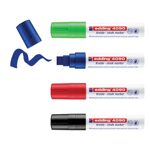edding 4090 Chalk Marker Chisel Tip 4-15mm Line Assorted Colours (Pack 4) - 4090-4999 40797ED Buy online at Office 5Star or contact us Tel 01594 810081 for assistance