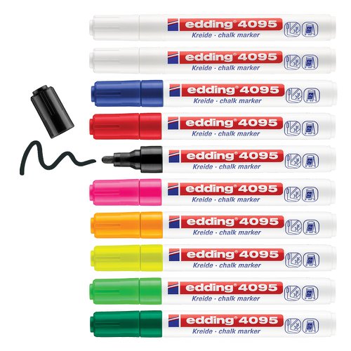 75629ED | A marker-shaped pen filled with liquid ink is much easier to handle than a traditional piece of chalk - and no more messy hands. With edding chalk markers, creating professional, stylish lettering is really easy. There are 9 vivid colours to choose from, including 4 that glow under UV light: white, neon-yellow, neon-orange and neon-pink. The medium stroke width is ideal for lettering and creative drawing. edding chalk markers are popular for signage in restaurants, the retail sector and car dealerships - in fact, anywhere where precise designs are required. Within the home, windows and other surfaces can be decorated all year round and for any occasion. Drawing can be either freehand or with the aid of a template: attach the template to the back of the window, pick a colour, then trace over the motifs. The edding website offers a wide range of downloadable templates. Before using for the first time, the marker must be activated as follows: First, shake the marker vigorously with the cap still on, then remove the cap. With the nib facing down, prime the pen on a piece of test paper, carefully pressing down on the paper a few times until ink fills the tip. The marker is now ready for use. Don't overpump the nib as this can result in ink runs and blobs. Should corrections be necessary, simply wipe the ink off with a damp cloth. For sensitive materials (e.g. Plexiglas®), we advise testing in an inconspicuous area beforehand. Store horizontally. High-quality brand product. Made in Germany.