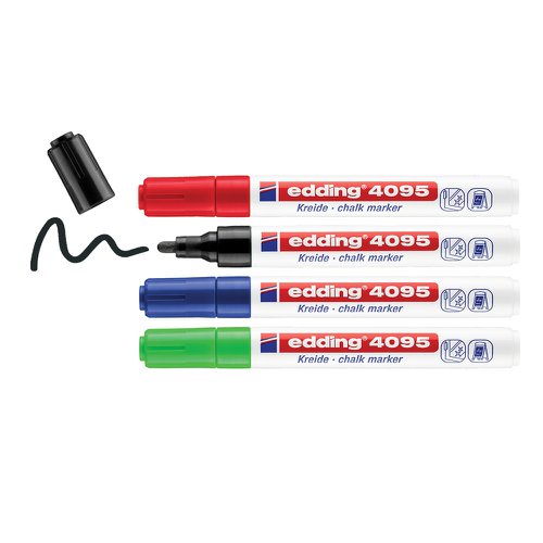 edding 4095 Chalk Marker Bullet Tip 2-3mm Line Assorted Colours (Pack 4) - 4-4095-4999 75622ED Buy online at Office 5Star or contact us Tel 01594 810081 for assistance