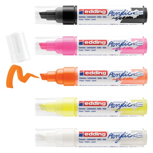 10495ED | These acrylic paint markers are the modern way to enhance any artist's toolbox. Shaped like a marker, this paint pen is easier to handle than conventional acrylic ink in tubes. The valve system means you can apply paint straight onto the surface and guarantee an even flow. Precise and mess-free to apply, it enables spontaneous creativity. The broad edge of the nib is used for drawing thicker lines and colouring larger areas. Endless scope for creativity - from elaborate works of art on canvas to quick sketches on greetings cards. Handy hint: colours can be blended or layered. These acrylic markers also combine well with edding 5200 permanent spray, which can be used to spray the surface of a canvas, for example. Once dry, the spray paint can be drawn over using the acrylic pens. The colours of both product types are beautifully coordinated with each other. Before using for the first time, the marker must be activated as follows: First, shake the marker vigorously with the cap still on, then remove the cap. With the nib facing down, prime the pen on a piece of test paper, carefully pressing down on the paper a few times until ink fills the tip. The marker is now ready for use. Always pump along the entire length of the slanted chisel nib, not just on the point of the nib. The cap can be stored on the end of the marker. Store horizontally and at room temperature (5-30 °C). High-quality brand product. Made in Germany.