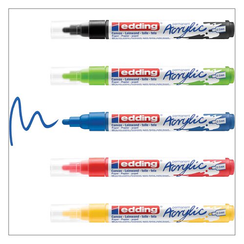 These acrylic paint markers are the modern way to enhance any artist's toolbox. Shaped like a marker, this paint pen is easier to handle than conventional acrylic ink in tubes. The valve system means you can apply paint straight onto the surface and guarantee an even flow. Precise and mess-free to apply, it enables spontaneous creativity. The medium stroke width allows precise control of lines, meaning you can produce a variety of motifs. Endless scope for creativity - from elaborate works of art on canvas to quick sketches on greetings cards. Handy hint: colours can be blended or layered. These acrylic markers also combine well with edding 5200 permanent spray, which can be used to spray the surface of a canvas, for example. Once dry, the spray paint can be drawn over using the acrylic pens. The colours of both product types are beautifully coordinated with each other. Before using for the first time, the marker must be activated as follows: First, shake the marker vigorously with the cap still on, then remove the cap. With the nib facing down, prime the pen on a piece of test paper, carefully pressing down on the paper a few times until ink fills the tip. The marker is now ready for use. The cap can be stored on the end of the marker. Store horizontally and at room temperature (5-30 °C). High-quality brand product. Made in Germany.
