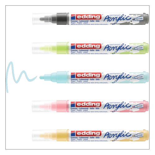 These acrylic paint markers are the modern way to enhance any artist's toolbox. Shaped like a marker, this paint pen is easier to handle than conventional acrylic ink in tubes. The valve system means you can apply paint straight onto the surface and guarantee an even flow. Precise and mess-free to apply, it enables spontaneous creativity. The medium stroke width allows precise control of lines, meaning you can produce a variety of motifs. Endless scope for creativity - from elaborate works of art on canvas to quick sketches on greetings cards. Handy hint: colours can be blended or layered. These acrylic markers also combine well with edding 5200 permanent spray, which can be used to spray the surface of a canvas, for example. Once dry, the spray paint can be drawn over using the acrylic pens. The colours of both product types are beautifully coordinated with each other. Before using for the first time, the marker must be activated as follows: First, shake the marker vigorously with the cap still on, then remove the cap. With the nib facing down, prime the pen on a piece of test paper, carefully pressing down on the paper a few times until ink fills the tip. The marker is now ready for use. The cap can be stored on the end of the marker. Store horizontally and at room temperature (5-30 °C). High-quality brand product. Made in Germany.