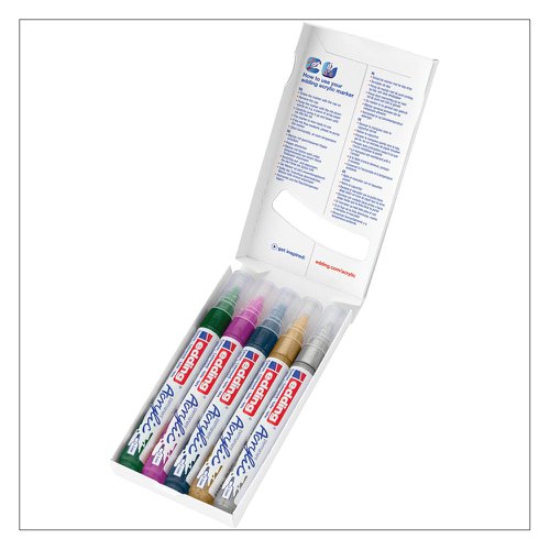 10523ED | These acrylic paint markers are the modern way to enhance any artist's toolbox. Shaped like a marker, this paint pen is easier to handle than conventional acrylic ink in tubes. The valve system means you can apply paint straight onto the surface and guarantee an even flow. Precise and mess-free to apply, it enables spontaneous creativity. The medium stroke width allows precise control of lines, meaning you can produce a variety of motifs. Endless scope for creativity - from elaborate works of art on canvas to quick sketches on greetings cards. Handy hint: colours can be blended or layered. These acrylic markers also combine well with edding 5200 permanent spray, which can be used to spray the surface of a canvas, for example. Once dry, the spray paint can be drawn over using the acrylic pens. The colours of both product types are beautifully coordinated with each other. Before using for the first time, the marker must be activated as follows: First, shake the marker vigorously with the cap still on, then remove the cap. With the nib facing down, prime the pen on a piece of test paper, carefully pressing down on the paper a few times until ink fills the tip. The marker is now ready for use. The cap can be stored on the end of the marker. Store horizontally and at room temperature (5-30 °C). High-quality brand product. Made in Germany.