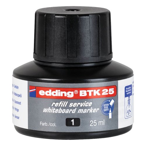 75517ED | Prolongs the life of almost all edding whiteboard markers. The life of almost any edding whiteboard marker can be extended without hassle by simply refilling it as soon as it's empty. It'll be as good as new in no time at all. Refilling the markers is not only good for the environment, it also saves money. Suitable for the edding e-28, e-260, e-360 and e-365 whiteboard markers. High-quality branded product, Made in Germany.