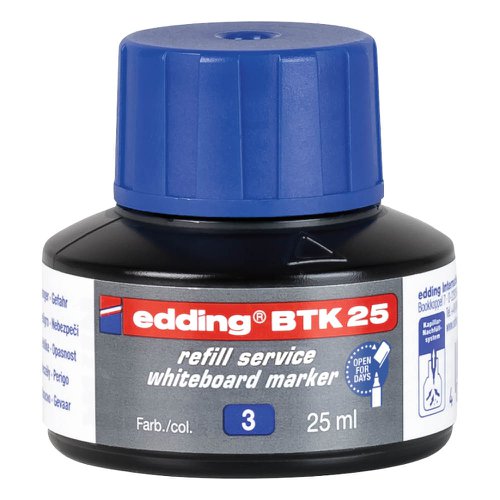 Prolongs the life of almost all edding whiteboard markers. The life of almost any edding whiteboard marker can be extended without hassle by simply refilling it as soon as it's empty. It'll be as good as new in no time at all. Refilling the markers is not only good for the environment, it also saves money. Suitable for the edding e-28, e-260, e-360 and e-365 whiteboard markers. High-quality branded product, Made in Germany.