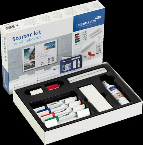 The following is a complete kit of high-quality accessories for whiteboards: - Markers: 4 TZ100 dry-erase board markers (one of each color - black, red, blue, and green) - Marker holder: 1 magnetic marker holder that can store 4 markers - Eraser: 1 small whiteboard eraser in addition to 10 biodegradable, dry-wipe eraser tissues - Cleaner: 1 TZ7 whiteboard and glassboard cleaner (125 ml) - Magnets: 10 magnets with a diameter of 30 mm