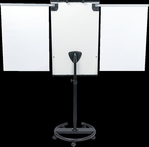 You can attach a flipchart paper pad or use the board as a whiteboard. It fits all standard paper pad formats. The board has magnetic fold-out side arms, which provide additional space. You can set the board at the ideal writing level, as it is height-adjustable. The lockable castors provide perfect stability and mobility. Additionally, it is easy to mount and you won't need any additional tools.