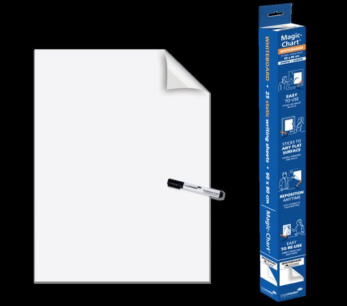40846ED | Easy-to-use static whiteboard-like writing sheets. Sticks like magic to any flat surface (wood, concrete, glass, wallpaper). Easy to reposition and to take away after the meeting. No adhesive required, leaves no traces. Can be written on using Legamaster erasable boardmarkers (1 marker included). Presentation cards and Magic-Chart Notes simply stick by smoothing them onto the sheet. Roll width 60 cm, perforations every 80 cm, 25 sheets. Environmentally friendly: fully recyclable foil.