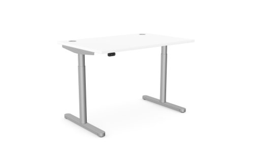 RoundE Height Adjust Desk - Top With Alu Portals, 1400 x 800mm - White / Silver Frame