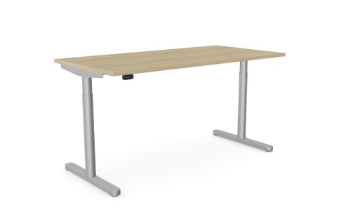 RoundE Height Adjust Desk - Top With Alu Portals, 1600 x 800mm - Urban Oak / Silver Frame
