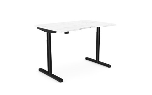 RoundE Height Adjust Desk -  Top with Dual Purpose Scallop, 1200 x 800 x 18mm - White Marble / Black Frame