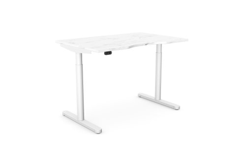 RoundE Height Adjust Desk -  Top with Dual Purpose Scallop, 1200 x 800 x 18mm - White Marble / White Frame