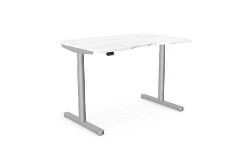 RoundE Height Adjust Desk -  Top with Dual Purpose Scallop, 1200 x 800 x 18mm - White Marble / Silver Frame