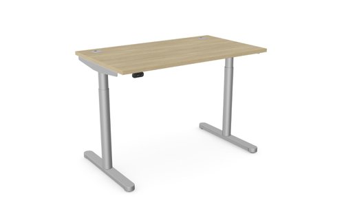 RoundE Height Adjust Desk -  Top With Alu Portals, 1200 x 700mm - Urban Oak / Silver Frame