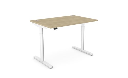 RoundE Height Adjust Desk -  Top With Alu Portals, 1200 x 800mm - Urban Oak / White Frame