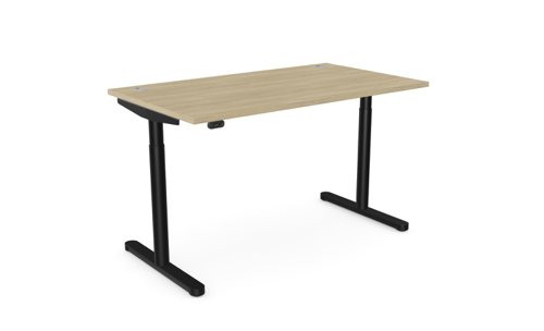 RoundE Height Adjust Desk -  Top With Alu Portals, 1400 x 800mm - Urban Oak / Black Frame