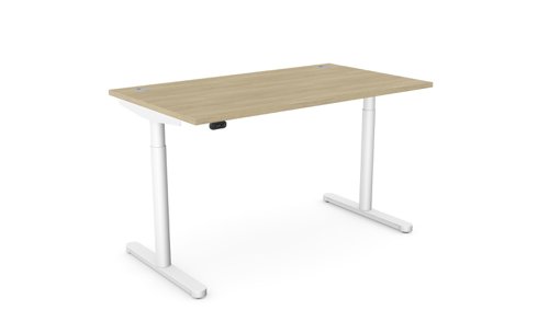 RoundE Height Adjust Desk -  Top With Alu Portals, 1400 x 800mm - Urban Oak / White Frame