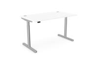 RoundE Height Adjust Desk -  Top With Alu Portals, 1400 x 800mm - White / Silver Frame