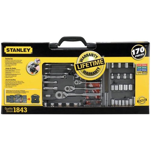 Stanley 1/4 & 3/8 & 1/2 in. drive Metric/SAE Socket and Ratchet Set 170 pc