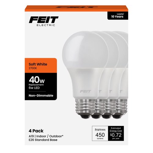 Feit A19 E26 (Medium) LED Bulb Soft White 40 Watt Equivalence 4 pk