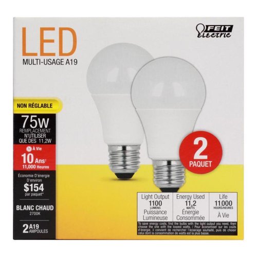 Feit A19 E26 (Medium) LED Bulb Soft White 75 Watt Equivalence 2 pk