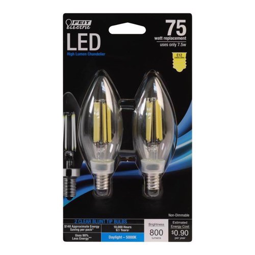 Feit Blunt Tip E12 (Candelabra) LED Bulb Daylight 75 Watt Equivalence 2 pk
