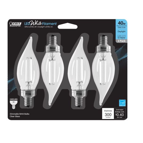 Feit White BA10 E12 (Candelabra) Filament LED Bulb Daylight 40 Watt Equivalence 4 pk