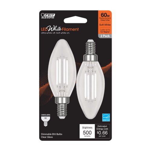 Feit White BA10 E12 (Candelabra) Filament LED Bulb Soft White 60 Watt Equivalence 2 pk