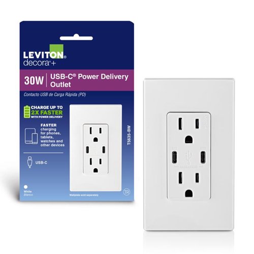 Leviton Decora 15 amps 125 V Duplex and Type C White Outlet and USB Charger 5-15R 1 pk