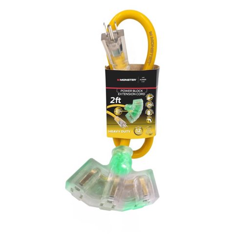 Monster Just Power It Up Outdoor 2 ft. L Yellow Extension Cord 12/3 SJTW