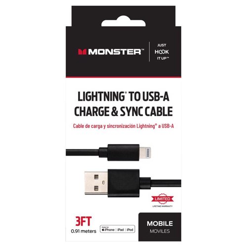 Monster Just Hook It Up Lightning to USB-A Charge and Sync Cable 3 ft. Black