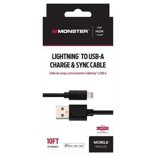 Monster Just Hook It Up Lightning to USB-A Charge and Sync Cable 10 ft. Black