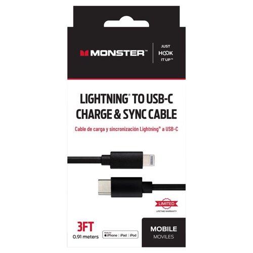 Monster Just Hook It Up Lightning to USB-C Charge and Sync Cable 3 ft. Black