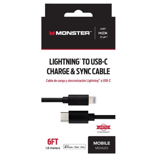 Monster Just Hook It Up Lightning to USB-C Charge and Sync Cable 6 ft. Black