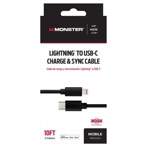 Monster Just Hook It Up Lightning to USB-C Charge and Sync Cable 10 ft. Black