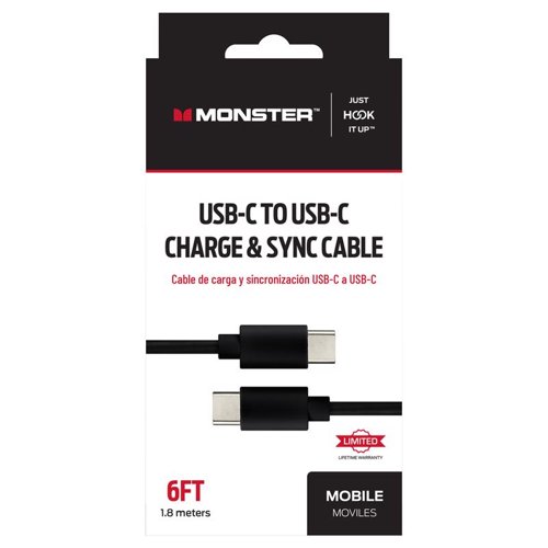 Monster Just Hook It Up Type C to Type C Charge and Sync Cable 6 ft. Black