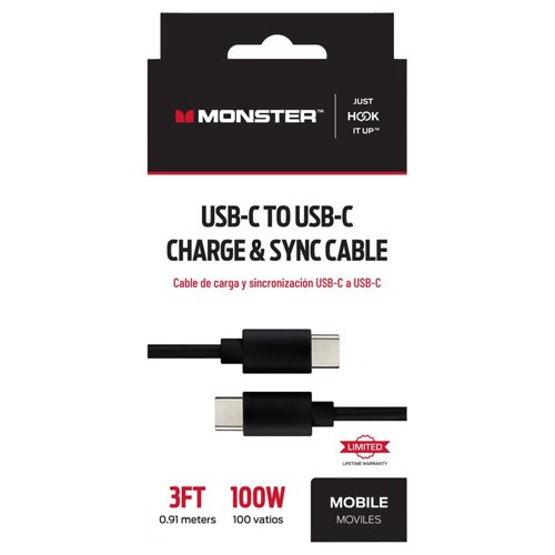 Monster Just Hook It Up Type C to Type C Charge and Sync Cable 3 ft. Black