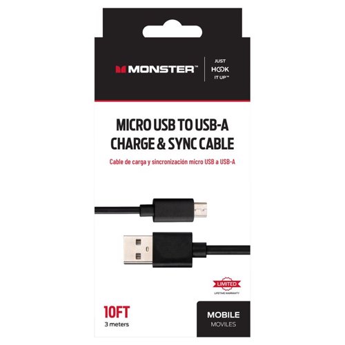 Monster Just Hook It Up USB A to Micro USB Charge and Sync Cable 10 ft. Black
