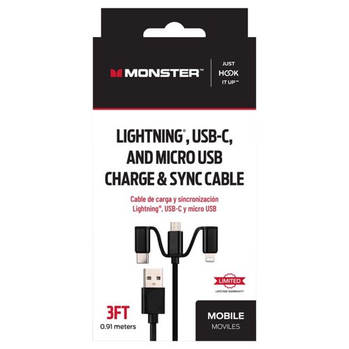 Monster Just Hook It Up Lightning to USB and Micro to USB Charge and Sync Cable Assortment 3 ft. Bla