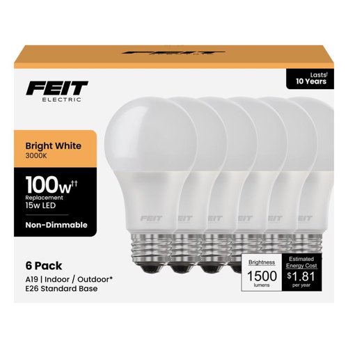 Feit A19 E26 (Medium) LED Bulb Bright White 100 Watt Equivalence 6 pk