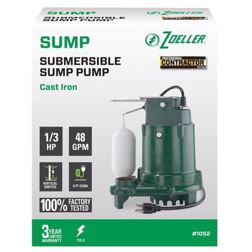 Zoeller 1/3 HP 2880 gph Cast Iron Vertical Float Switch AC Submersible Sump Pump 9 ft