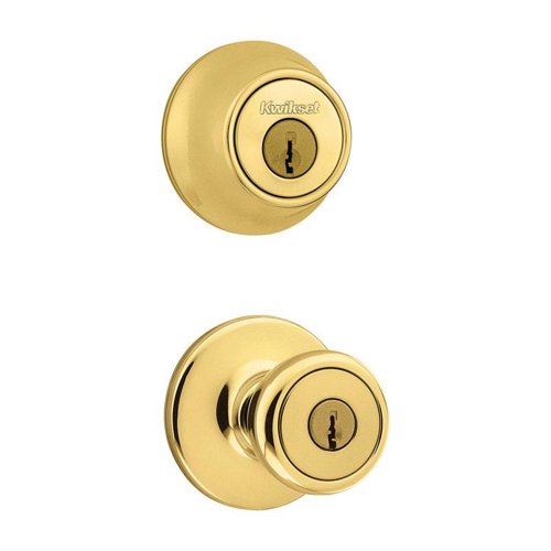 Kwikset Tylo Polished Brass Deadbolt and Passage Door Knob 1-3/4 in.