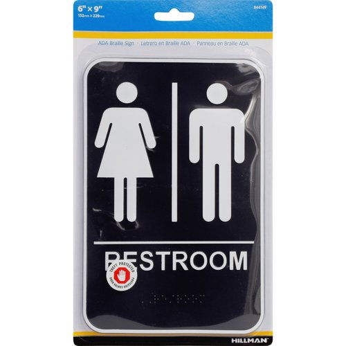 HILLMAN English Black Restroom Plaque 9 in. H X 6 in. W