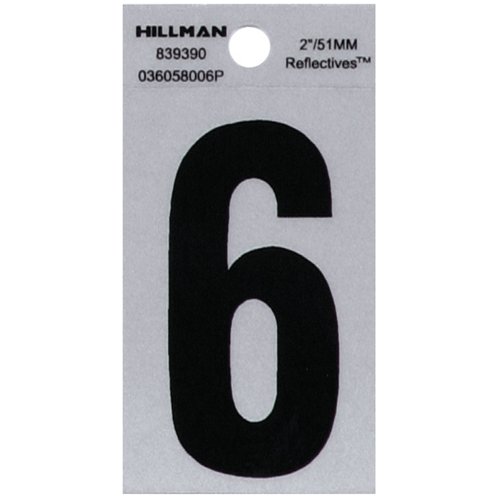 HILLMAN 2 in. Reflective Black Vinyl Self-Adhesive Number 6 1 pc