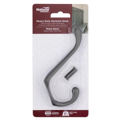 National Hardware Medium Matte Black Metal 3.30 in. L Heavy Duty Garment Hook 35 lb 1 pk