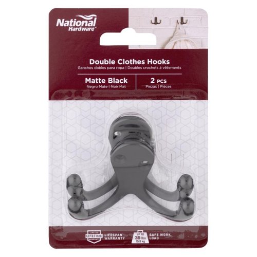 National Hardware Medium Matte Black Metal 2.88 in. L Double Hook 35 lb 2 pk