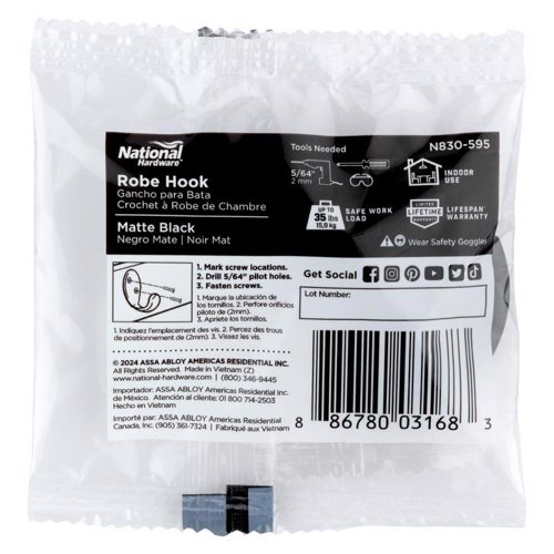 National Hardware Medium Matte Black Metal 3.94 in. L Rope/Tarp Hook 35 lb 1 pk