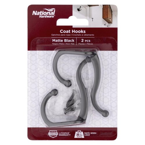 National Hardware Medium Matte Black Steel 6.69 in. L Coat/Hat Hook 35 lb 2 pk